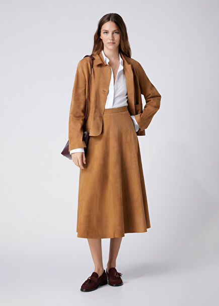 Camel Midi Suede A-Line Skirt