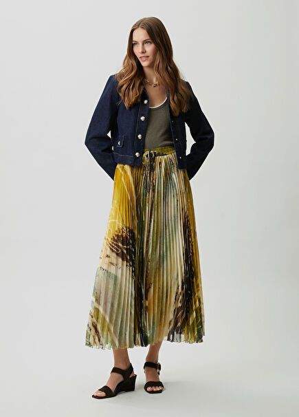 Neon Yellow Abstract Patterned Pleated Midi Chiffo