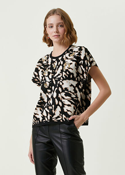 Black Bicycle Neck Leopard Jacquard Sweater