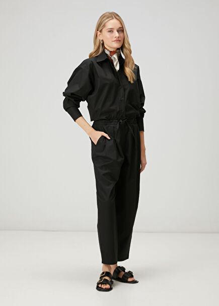 Siyah Bağcıklı Poplin Havuç Pantolon