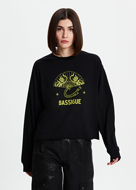 Siyah Yelpaze Baskılı Uzun Kollu Kadın T-Shirt