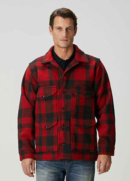 Red Black Plaid Patterned Wool Overshirt