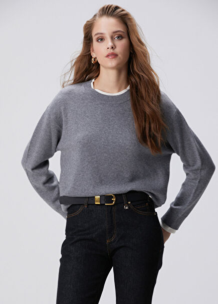 Açık Gri Melanj Yün Karışımlı Oversize Triko Kazak