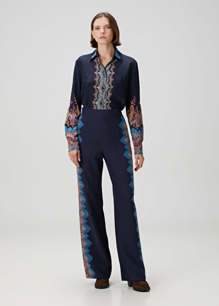 Koyu Mavi Şal Desenli İpek Pantolon