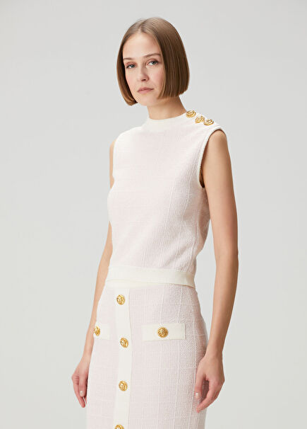Açık Pembe Crop Tweed Bluz