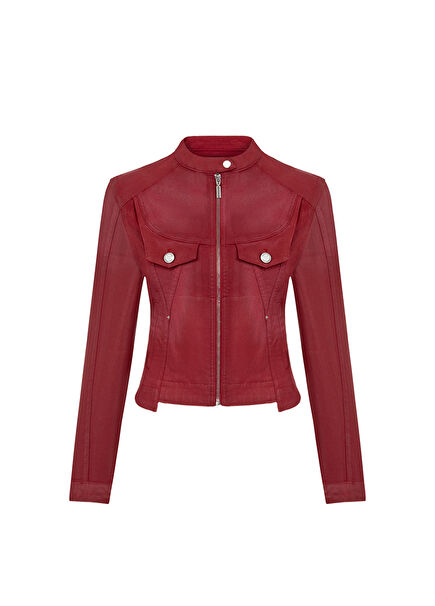 Red Leather Look Judge Collar Women's Jacket