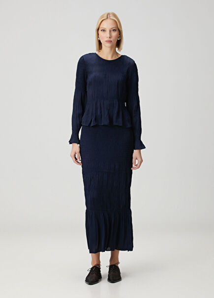 Ilona Lacivert Dokulu Midi Etek