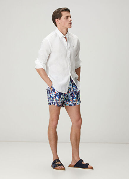 Navy Blue Sail Print Short Swimsuit