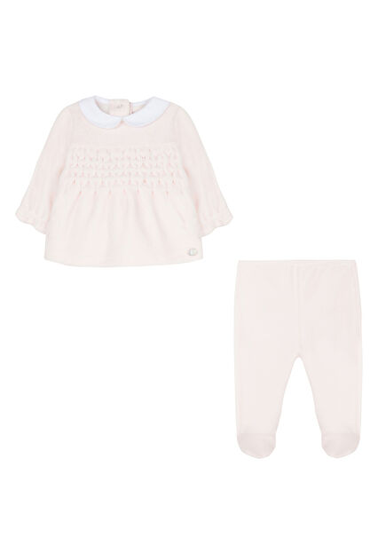 Açık Pembe Kadife Uzun Kollu Bluz ve Pantolon Kız Bebek 2'li Set