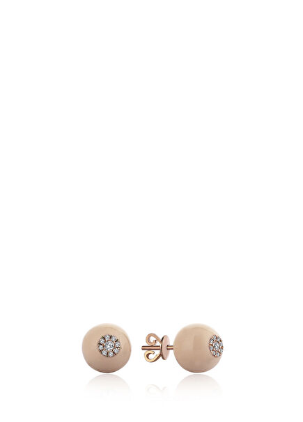 Neomi Bloom Fildişi Mineli Top Pırlanta Taşlı 14 Ayar Altın Kadın Küpe