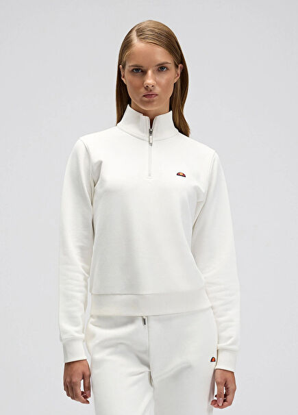 Kırık Beyaz Yarım Fermuarlı Kadın Sweatshirt EF557-OF