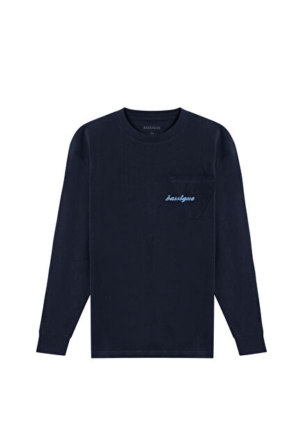 Navy Blue Retro Embroidered Long Sleeve Men's T-Shirt