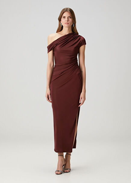 Cascading Brown Maxi Evening Dress