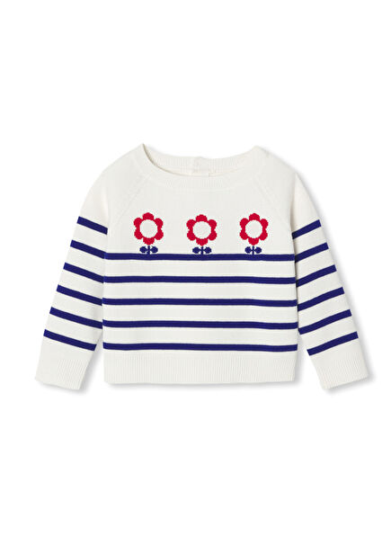 White Flower Motif Striped Baby Girl Sweater