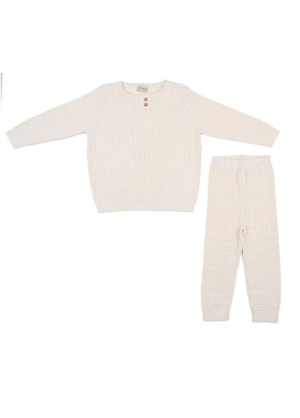 Organik Pamuk Waffle Krem Unisex Çocuk Alt Üst Takım 