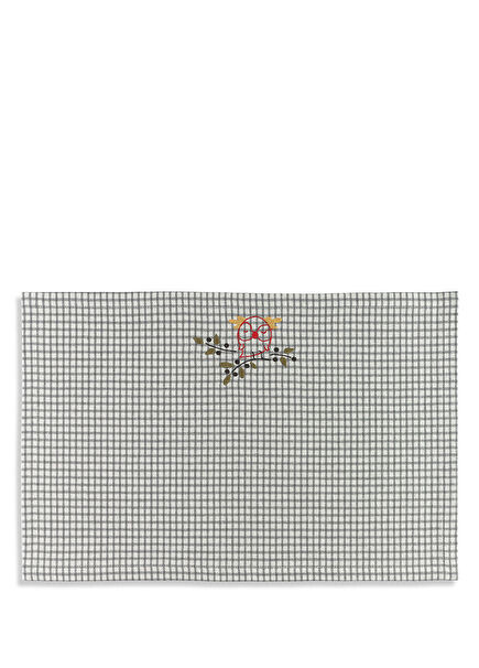 Altar Ecru Grey Checkered Embroidered Placemat 35 x 50 cm
