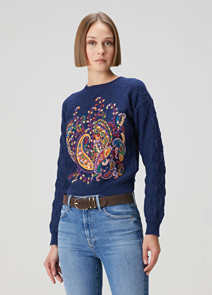 Lacivert Nakışlı Triko