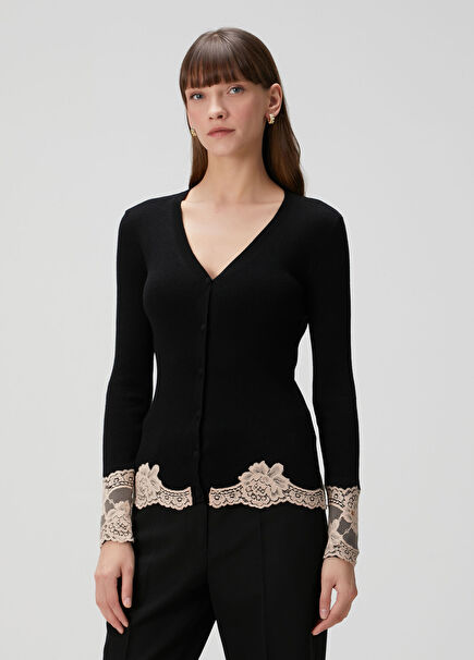 Siyah Pudra Dantelli Kaşmir Hırka