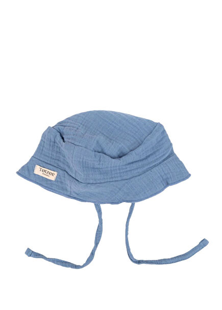 Okyanus Mavisi Müslin Bağcıklı Unisex Bebek Bucket Şapka