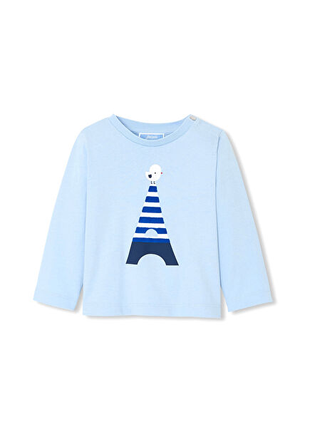 Eyfel Baskılı Açık Mavi Uzun Kollu Erkek Bebek T-shirt