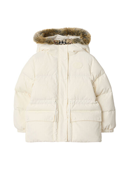 Flora Beyaz Kapüşonlu Unisex Çocuk Mont