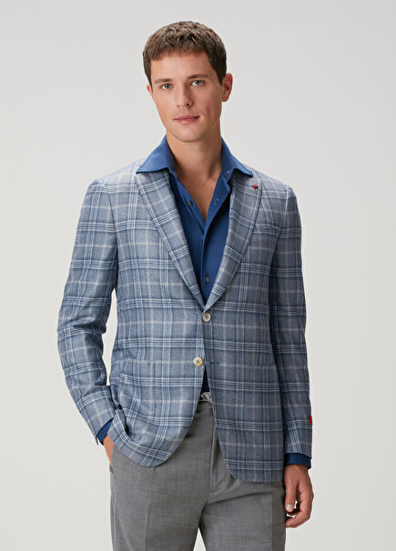 Blue Plaid Pattern Silk Jacket