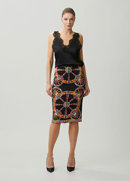 Multicolored Carretto Print Midi Silk Skirt