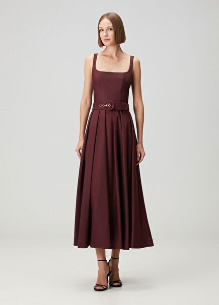 Corinna Bordo Kemerli Midi Kokteyl Elbise