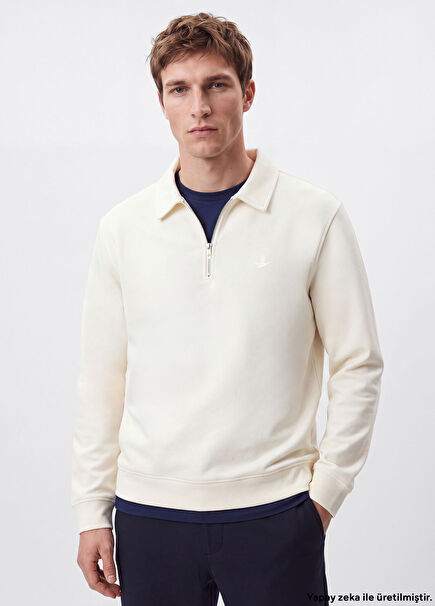 Kırık Beyaz Polo Yaka Interlock Sweatshirt