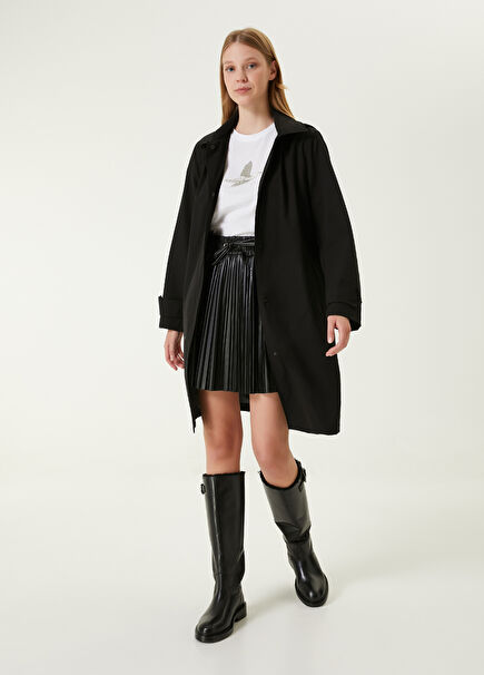 Siyah Pileli Mini Suni Deri Etek