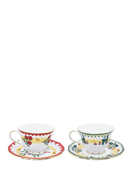 Mamma Mia Deer and Pomegranate Patterned Porcelain 2-Piece Coffee Cup and Saucer Set