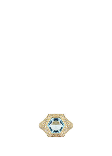 Women Ring of 14K Gold with White Diamonds & Sky Blue Topaz Stones