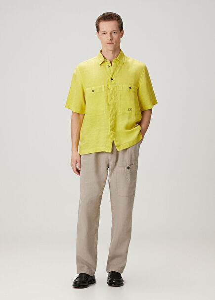 Beige Pleated Linen Trousers