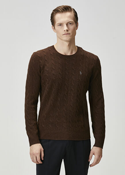 Brown Hair Braid Textured Wool Sweater