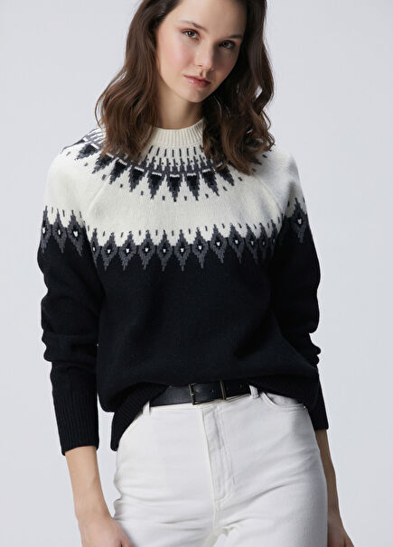 Black Patterned Wool Blend Sweater