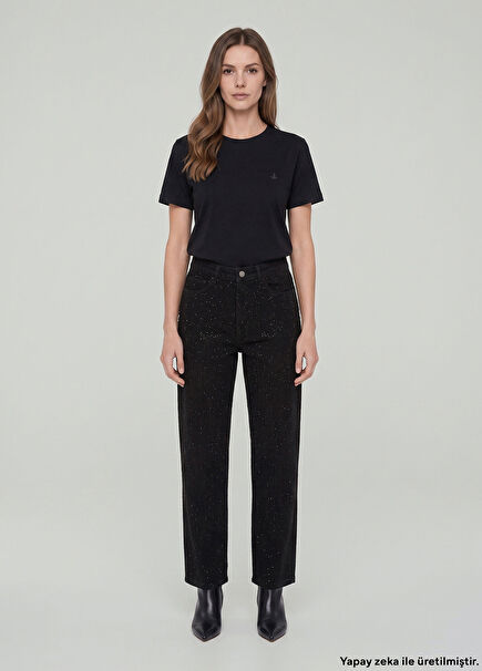 Siyah Hotfix Straight Jean Pantolon