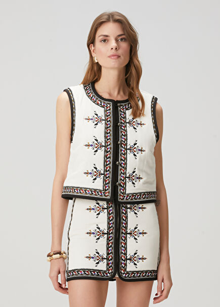 Zeana Ecru Embroidered Vest