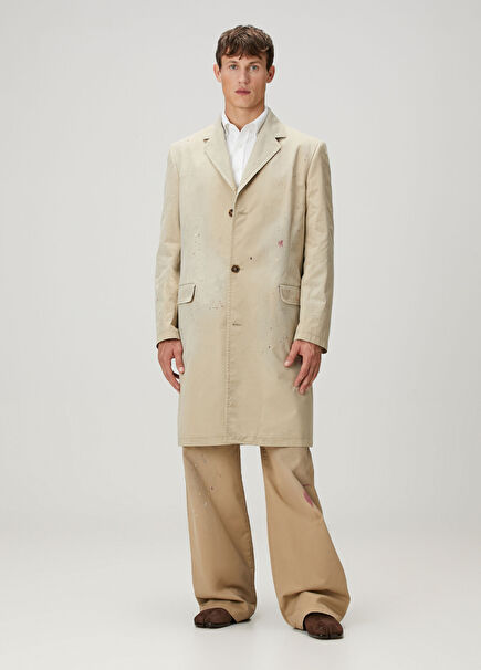 Bej Beli Kordonlu Fırça Darbesi Desenli Pantolon