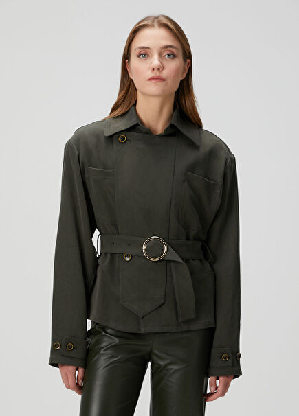 Dark Green Linen Trench Coat