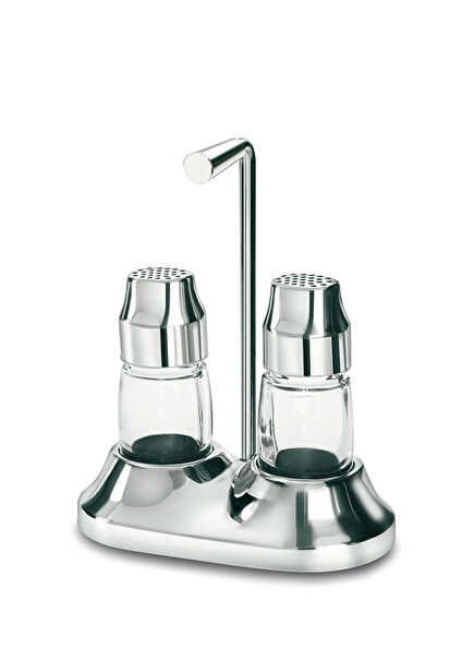 Silver Color Steel 2 Piece Salt Shaker Set with Stand