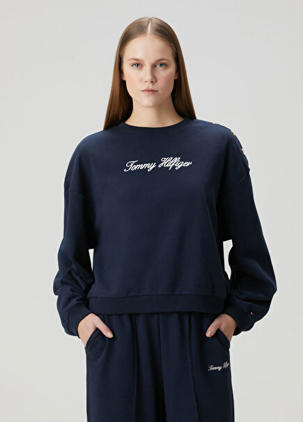 Lacivert Logolu Düğme Detaylı Sweatshirt