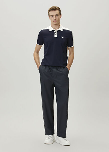 Navy Blue Waist Corded Wide-Leg Technical Trousers