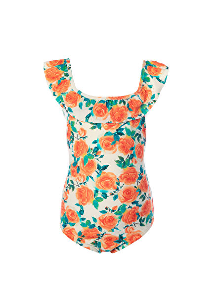 Çiçek ve Yaprak Desenli Renkli Kız Çocuk Mayo