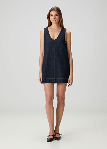 Koyu Mavi Mini Denim Elbise