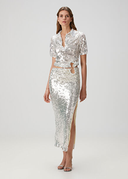 Silver Sequined Maxi Evening Skirt