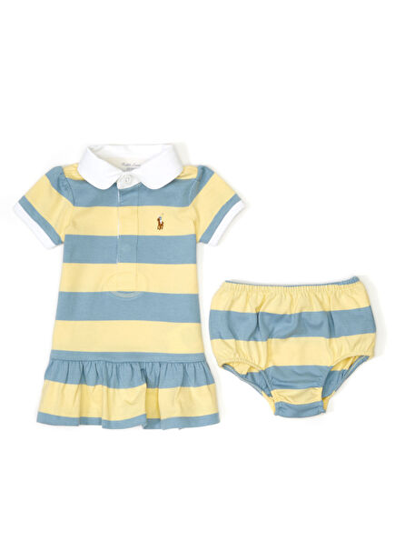 Sarı Mavi Çizgili Kız Bebek Elbise