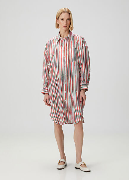 Pink Black Striped Midi Silk Shirt Dress