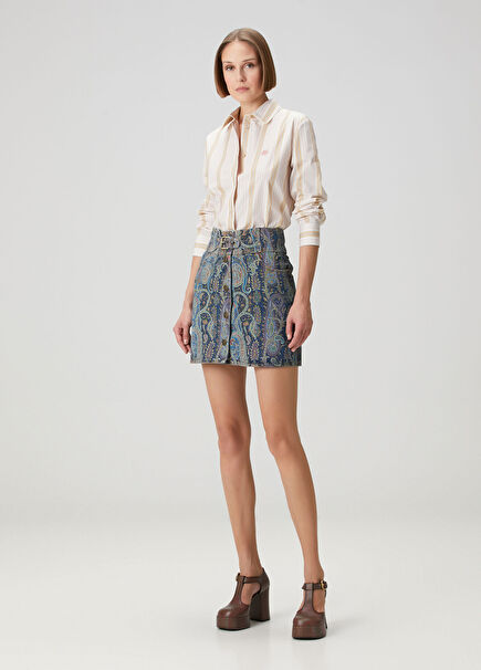 Mavi Şal Desenli Mini Etek