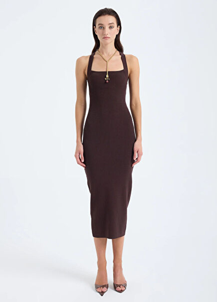 Azura Kahverengi Kalın Askılı Kadın Midi Boy Elbise