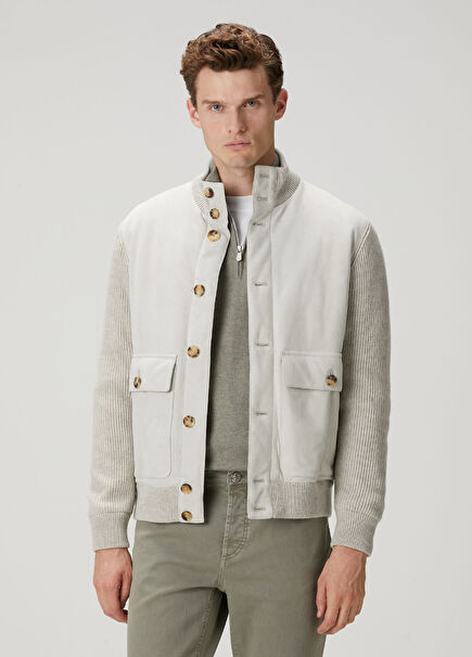 Light Grey Knitwear Garnished Suede Coat